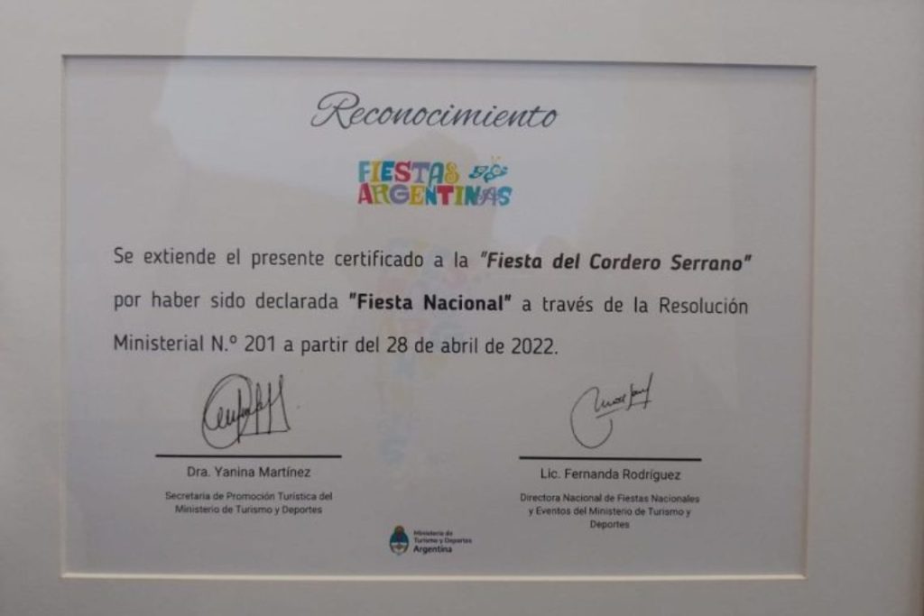 Diploma de reconocimiento de que la Fiesta del Cordero Serrano es oficialmente una fiesta nacional (tanti.gob.ar)